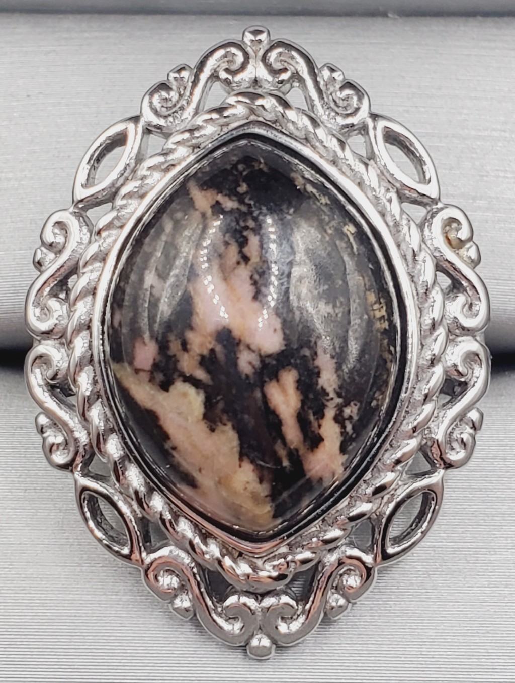 Black And Pink Rhodonite - 925 Sterling Silver Statement Ring - Marquise